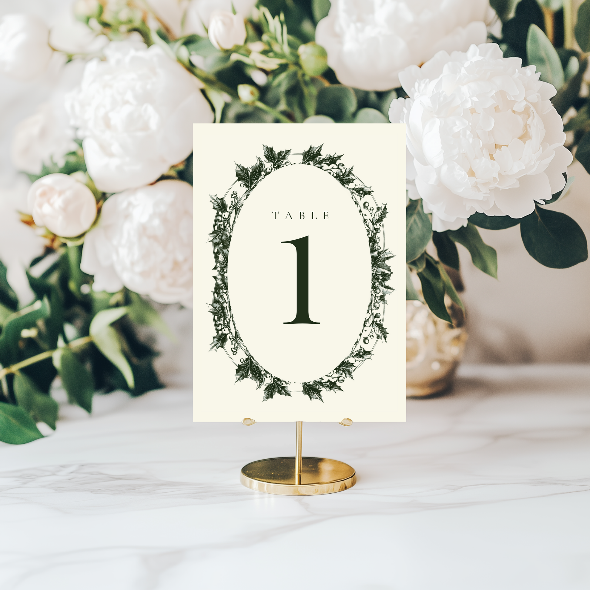 Green & Cream Holly Wreath Table Numbers