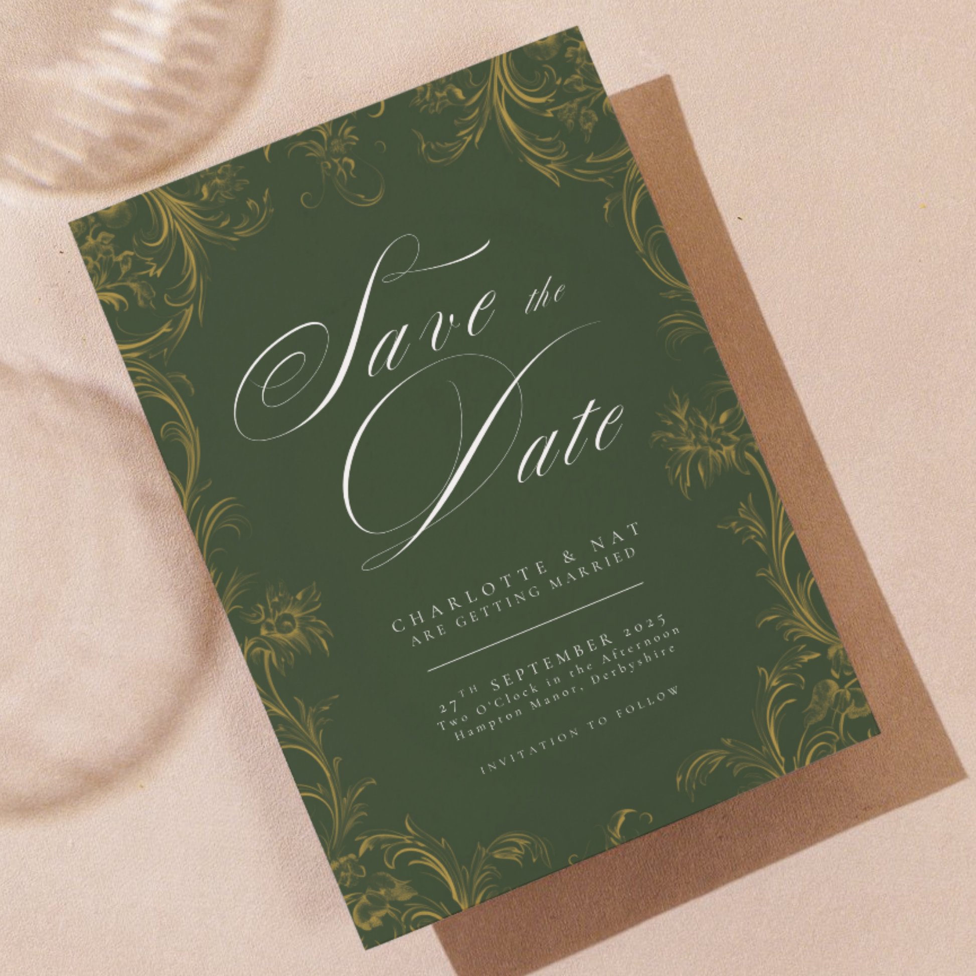 Green & Gold Rococo Frame Save The Date
