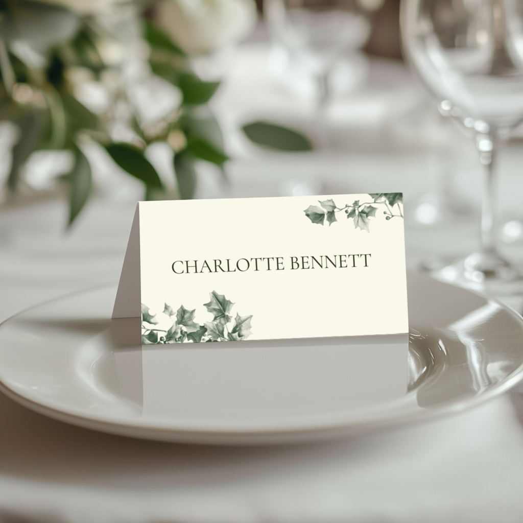 Green & Cream Holly Wreath Name Place Cards