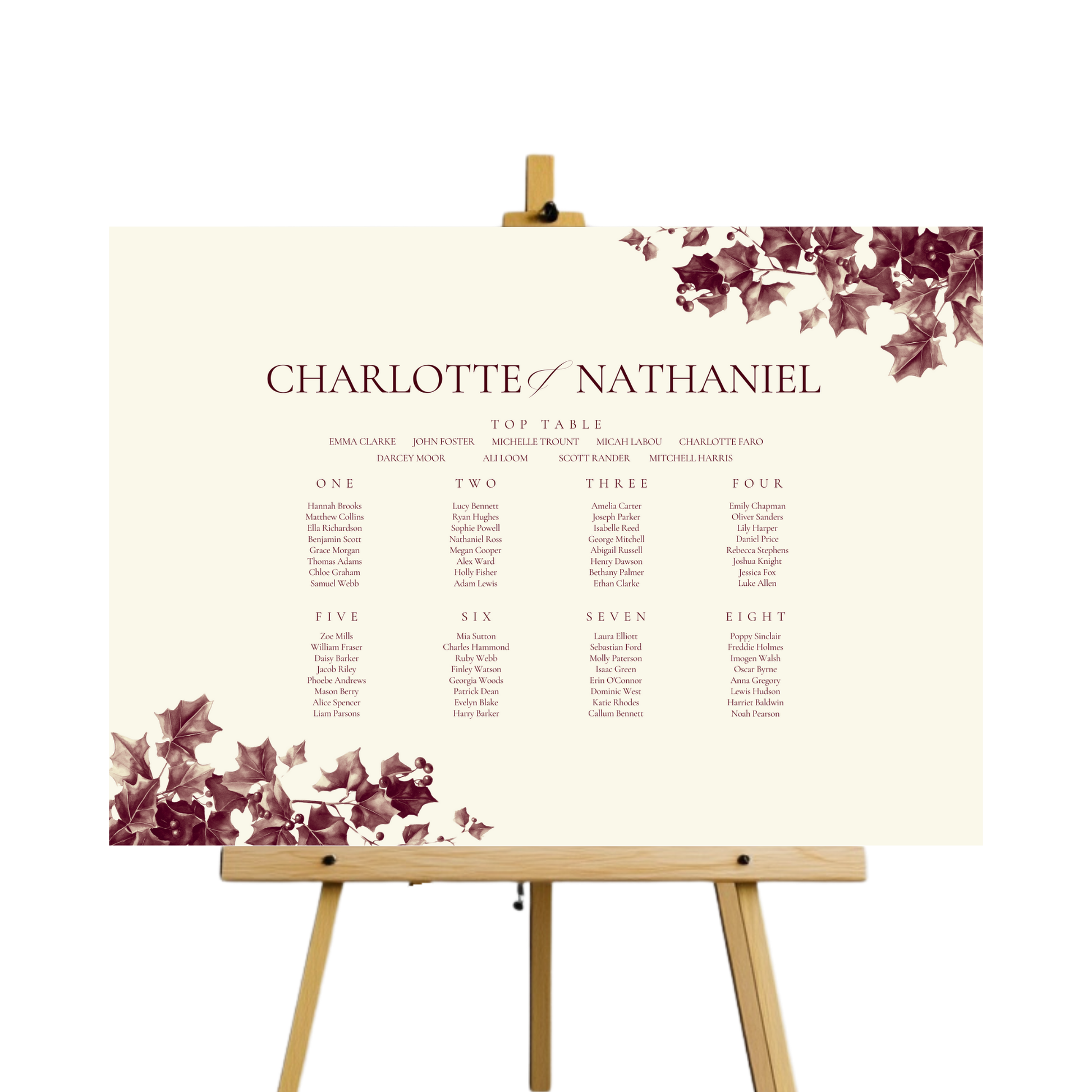 Red & Cream Holly Wreath Seating Plan Sign