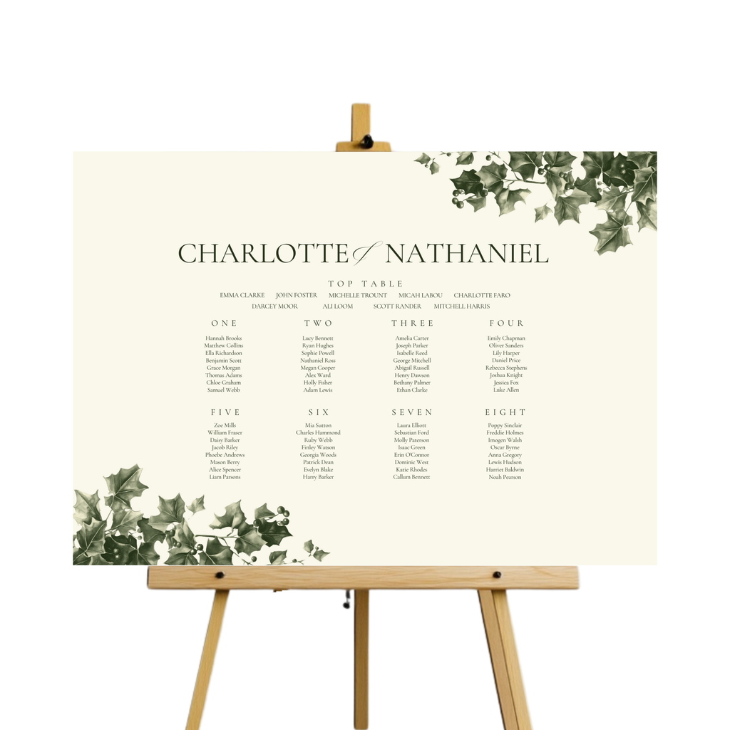 Green & Cream Holly Wreath Seating Plan Sign