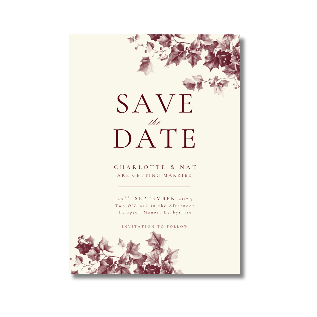 Red & Cream Holly Wreath Monogram Save The Date