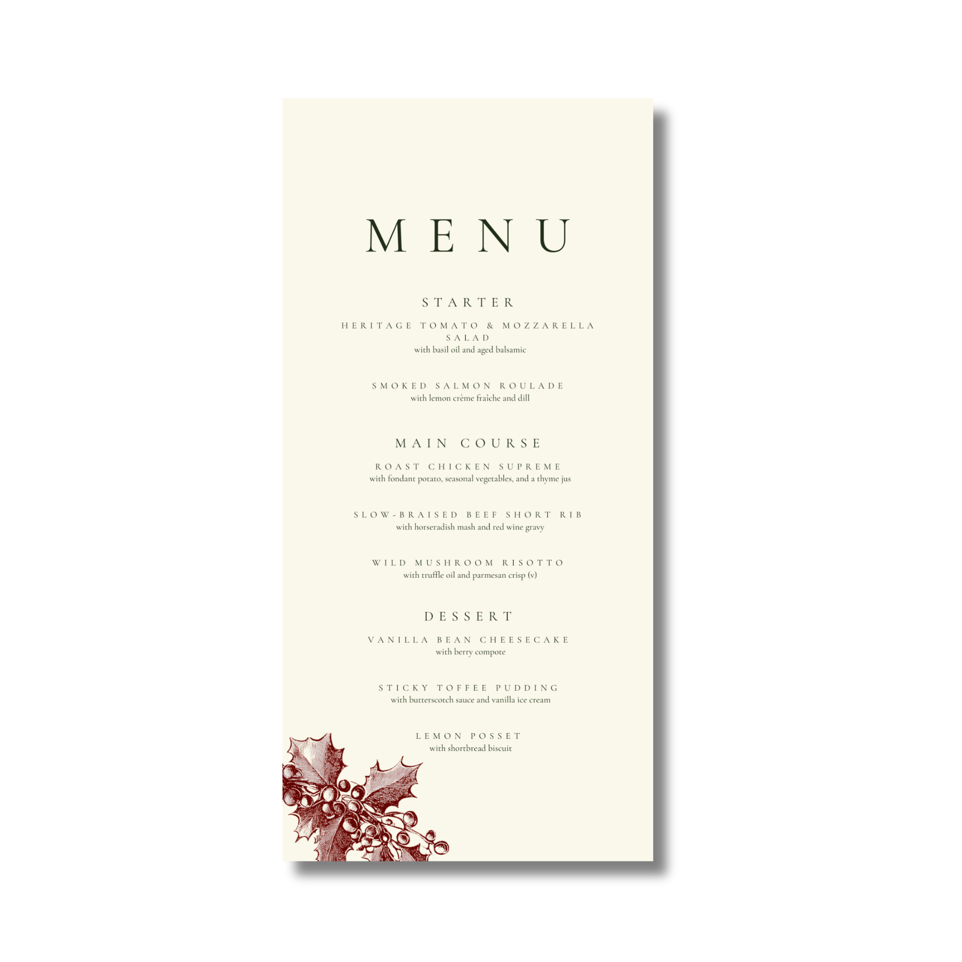 Red & Cream Holly Wreath Menu