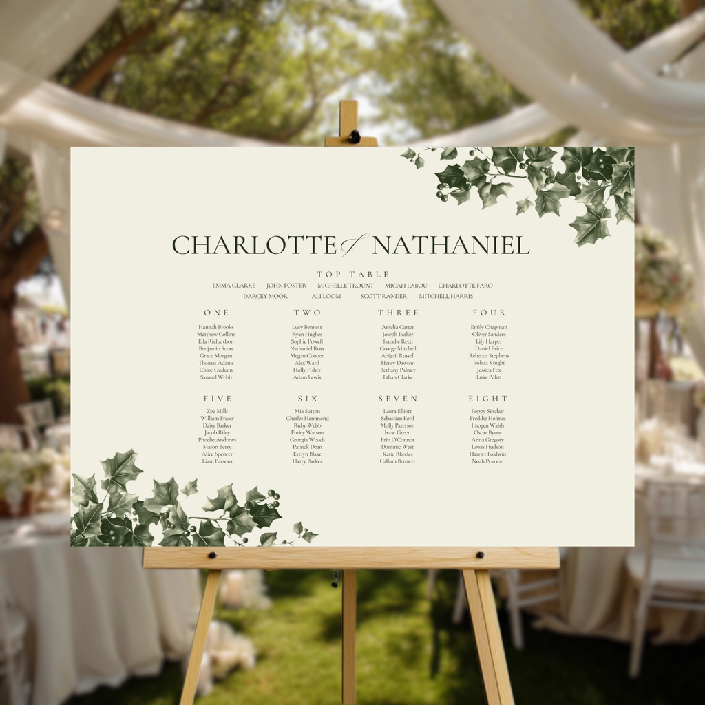 Green & Cream Holly Wreath Seating Plan Sign