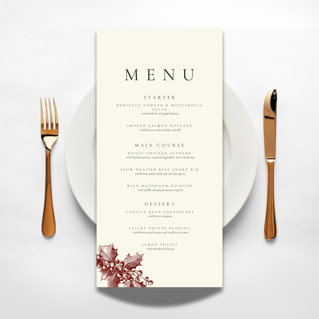 Red & Cream Holly Wreath Menu