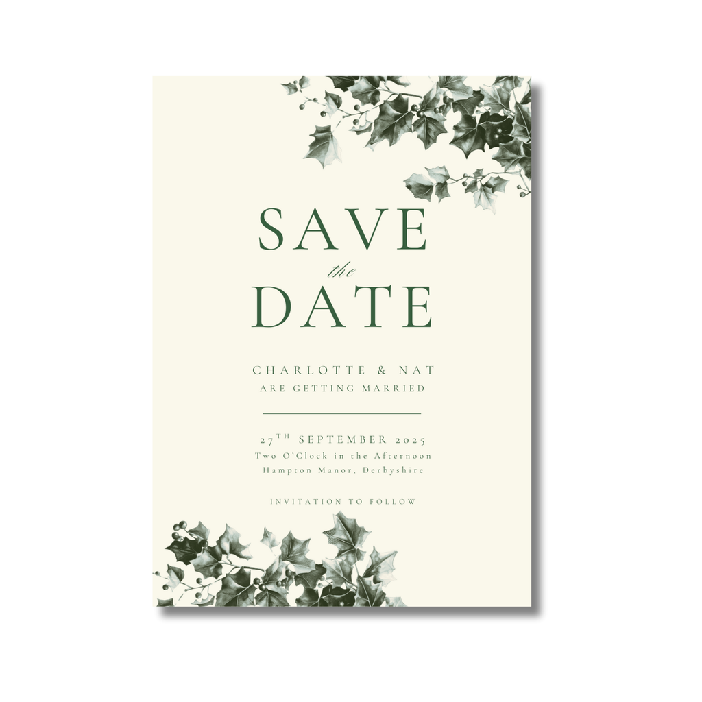 Green & Cream Holly Wreath Monogram Save The Date