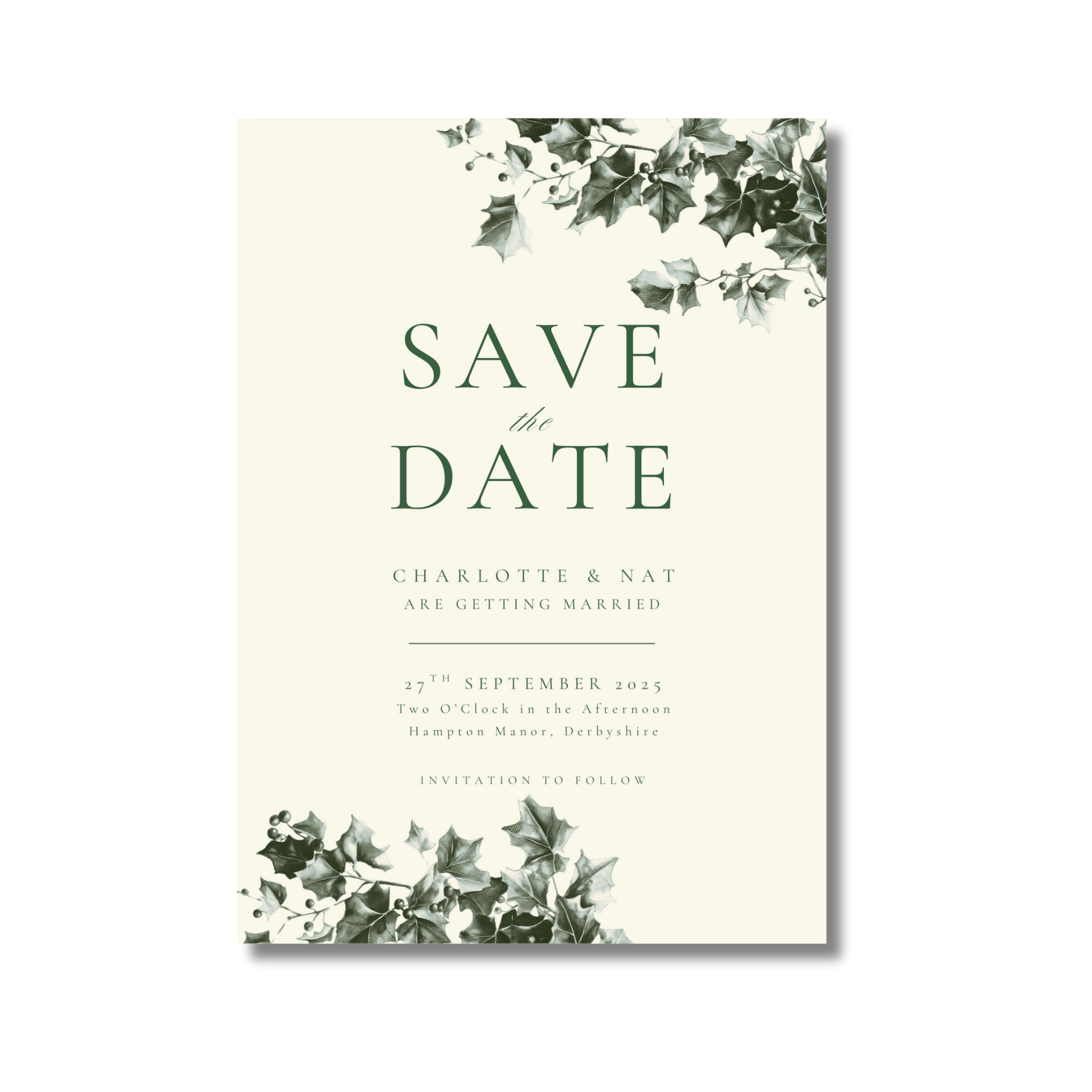 Green & Cream Holly Wreath Monogram Save The Date