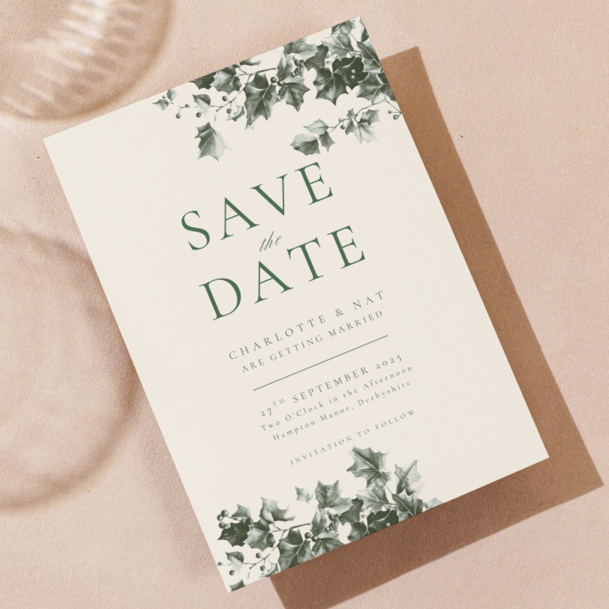 Green & Cream Holly Wreath Monogram Save The Date