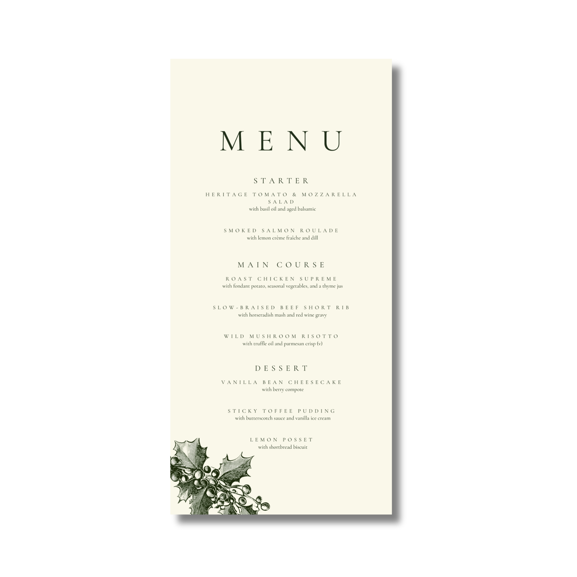 Green & Cream Holly Wreath Menu