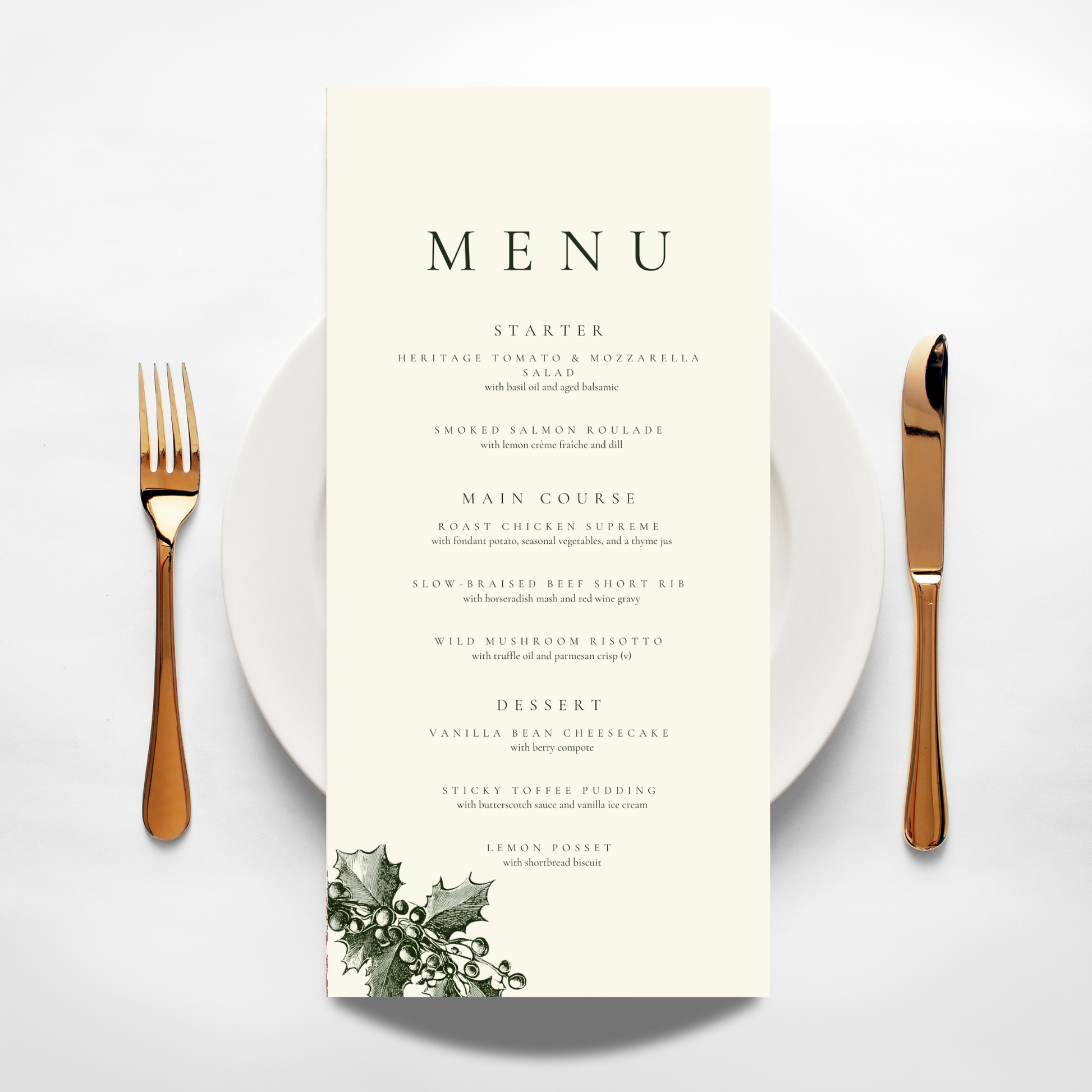 Green & Cream Holly Wreath Menu