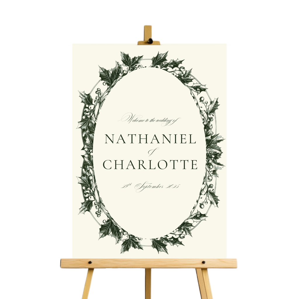 Green & Cream Holly Wreath Welcome Sign