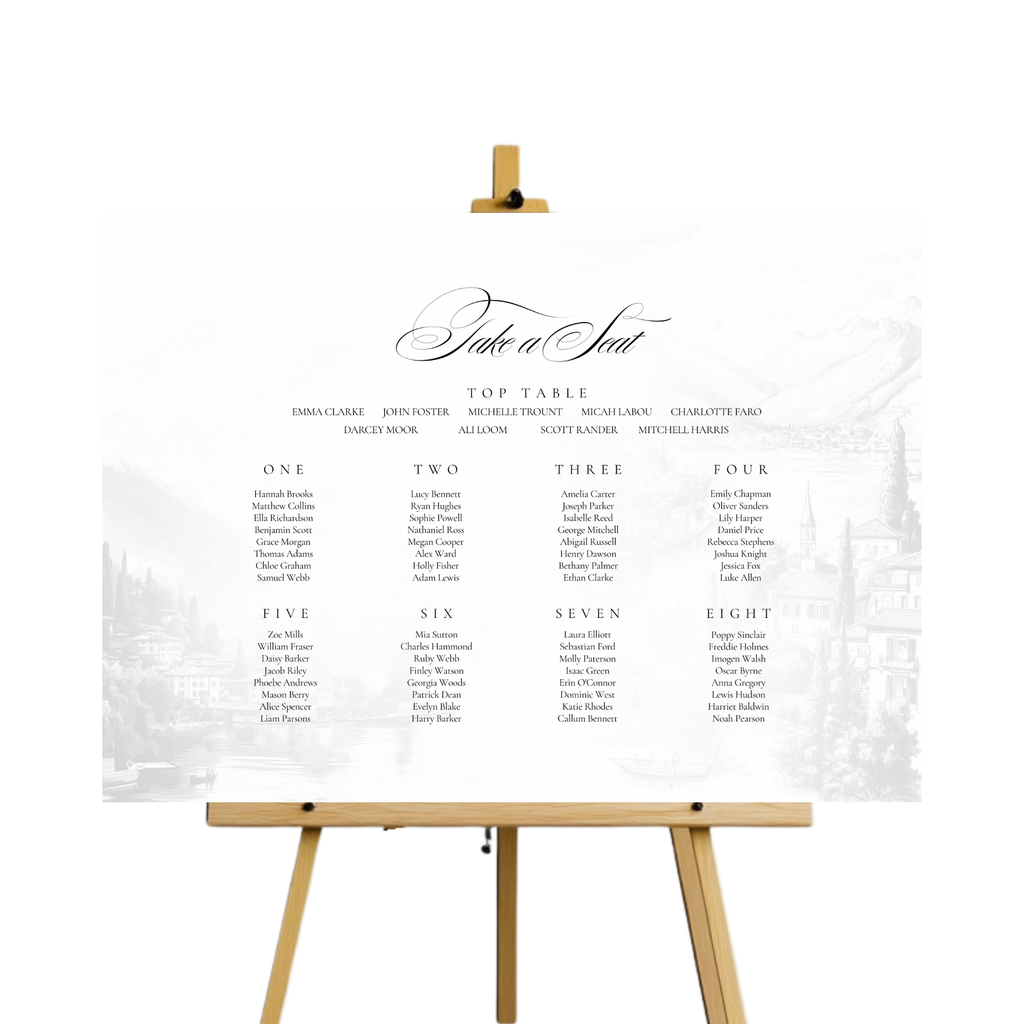 Monochrome Lake Como Seating Plan Sign