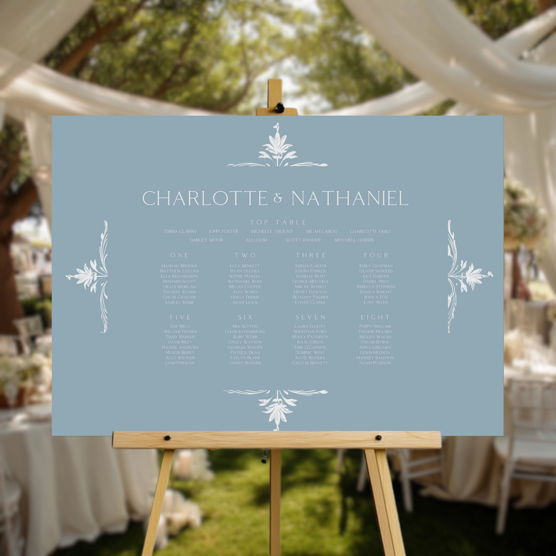 Illustrated Floral Arch Seating Plan Sign (Dusty Blue)