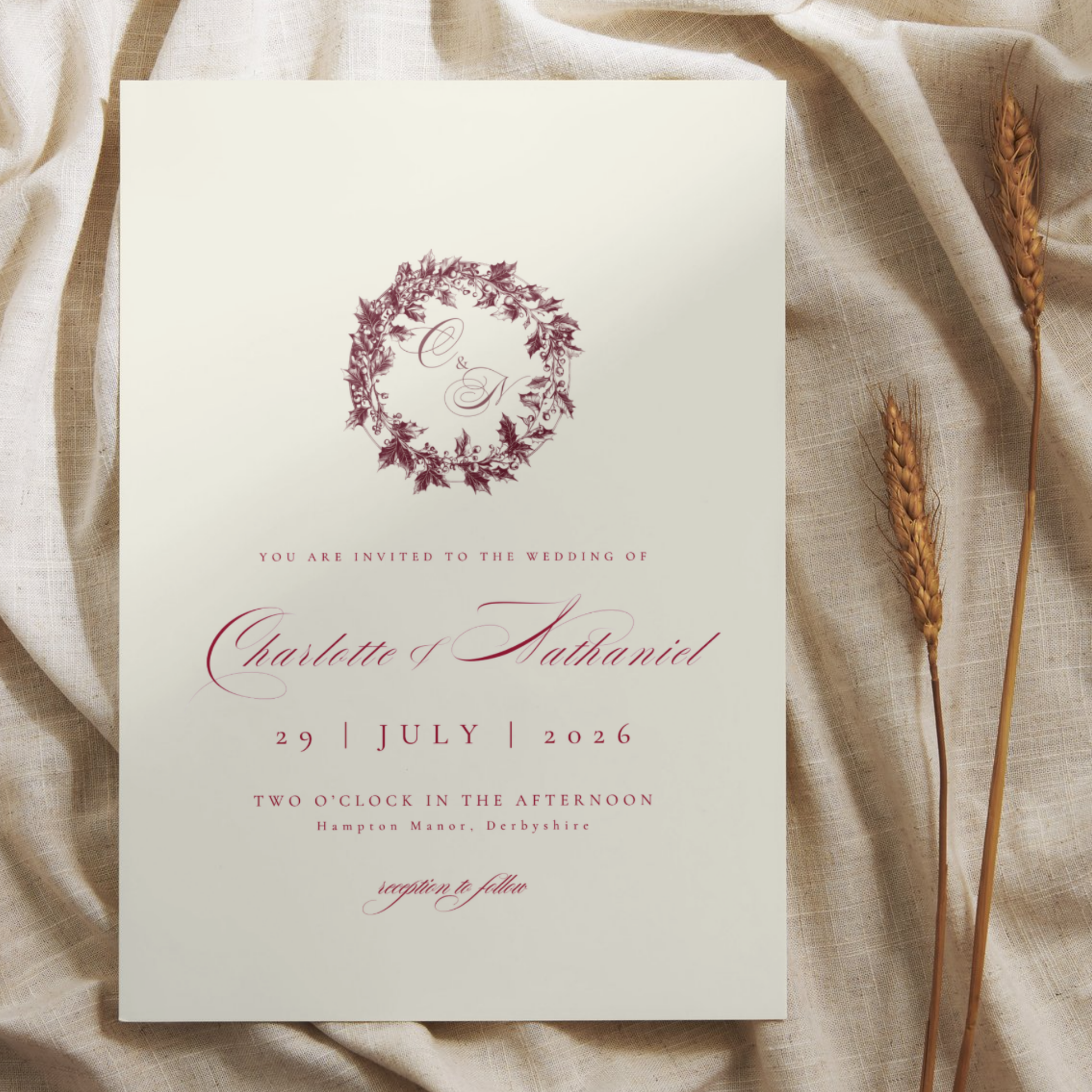 Red & Cream Holly Wreath Monogram Invite & RSVP