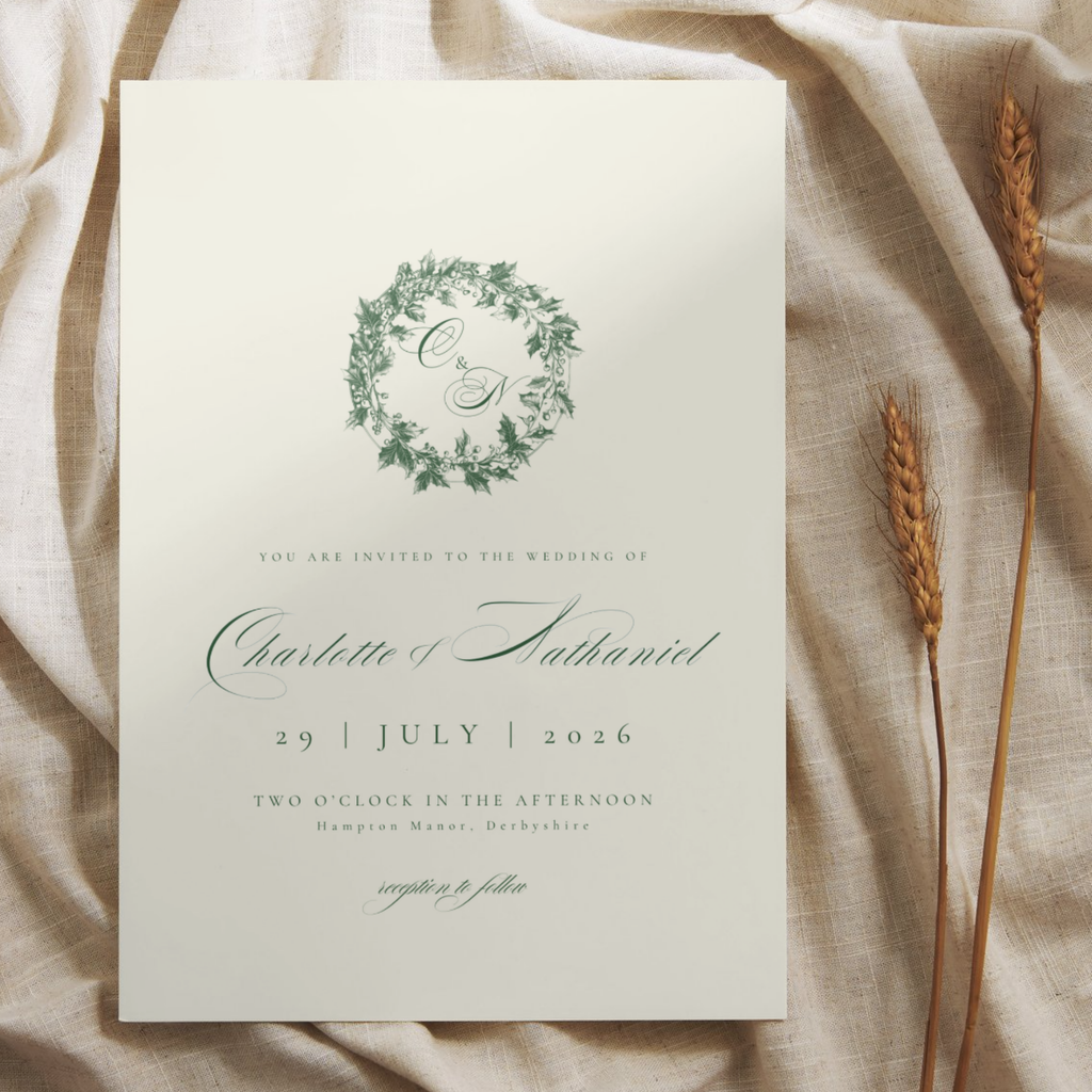 Green & Cream Holly Wreath Monogram Invite & RSVP