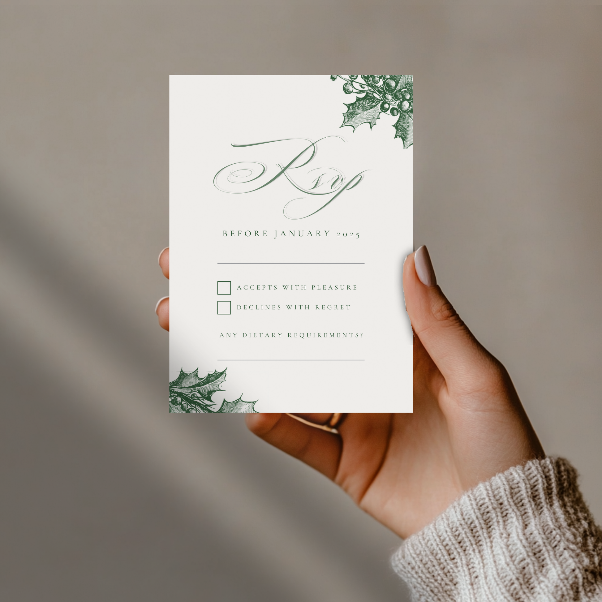 Green & Cream Holly Wreath Monogram Invite & RSVP