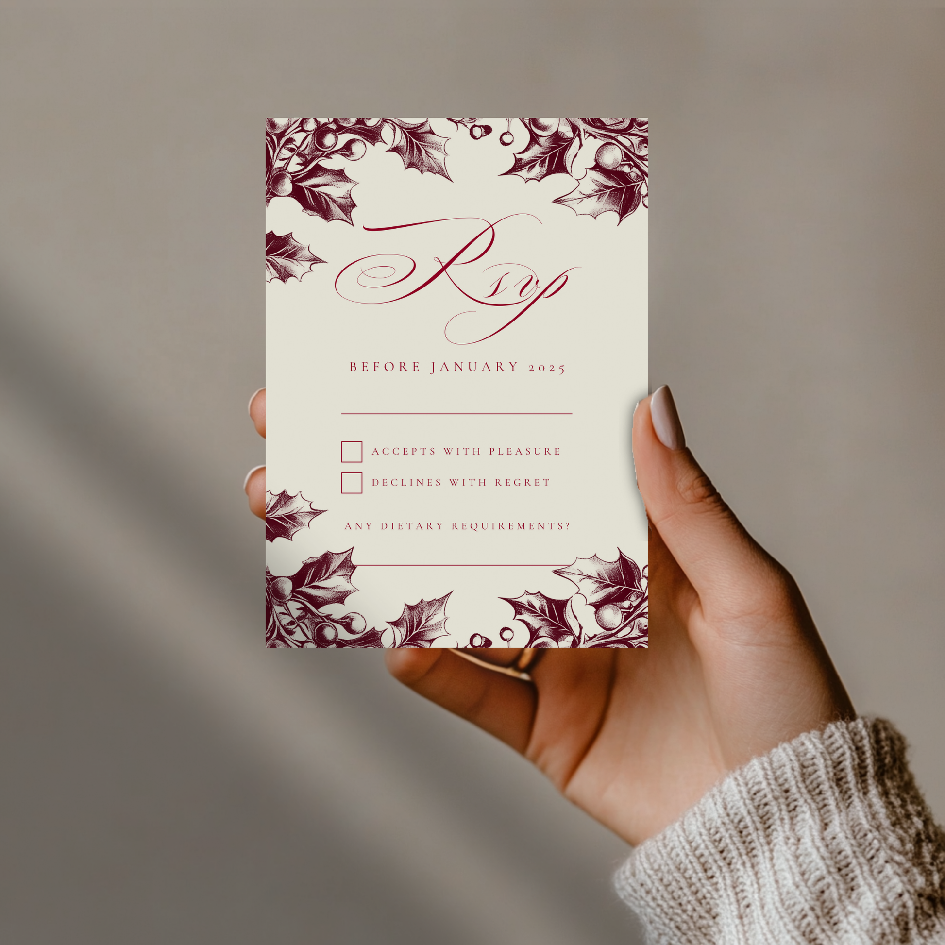 Red & Cream Holly Wreath Monogram Invite & RSVP