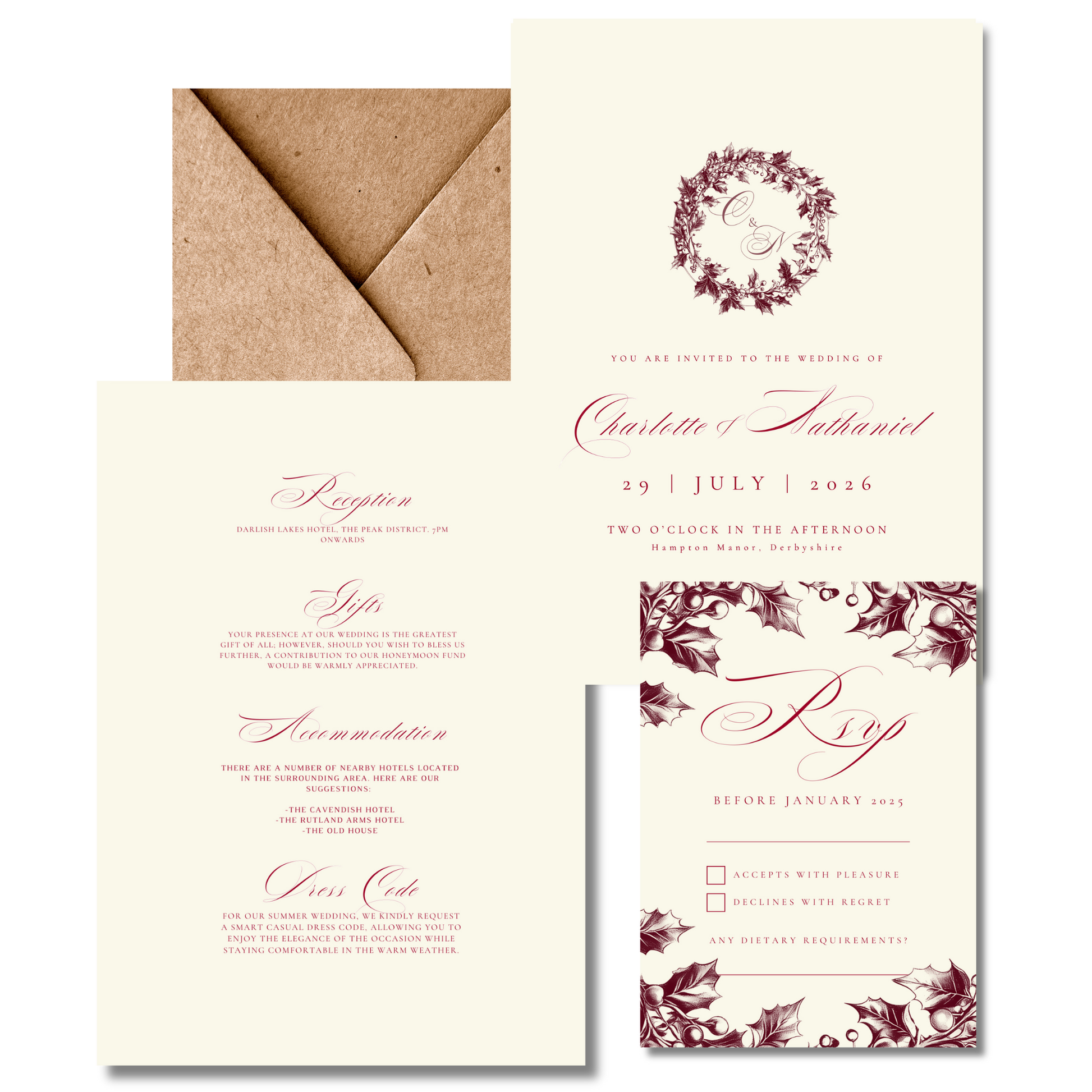 Red & Cream Holly Wreath Monogram Invite & RSVP