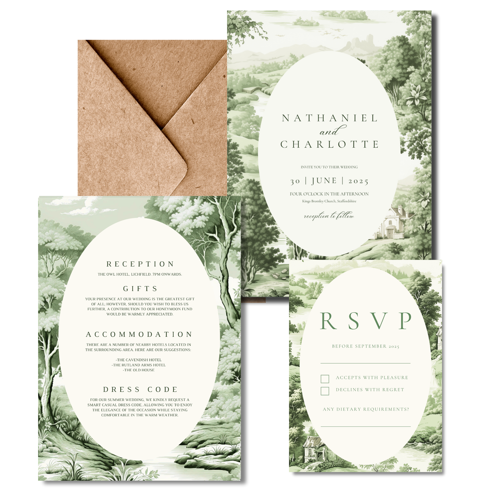 Green Toile Pattern Invite & RSVP