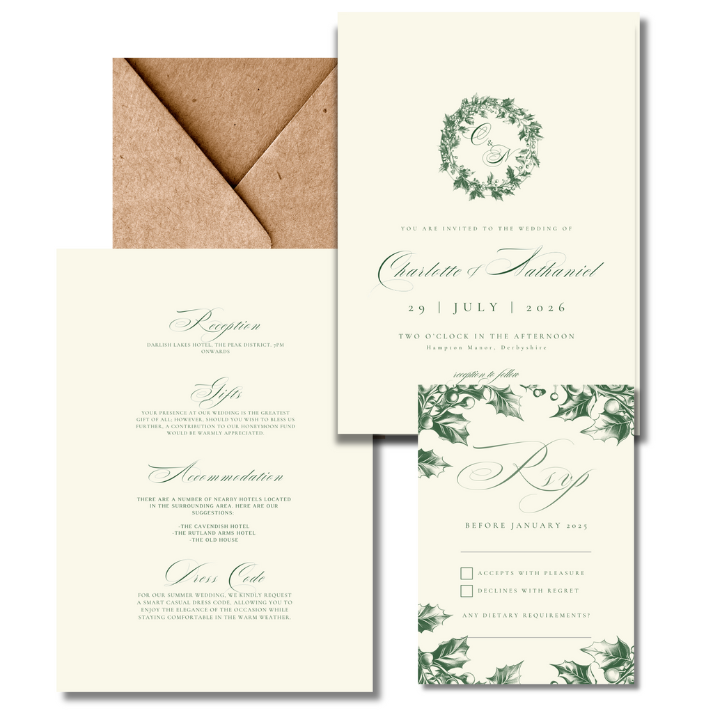 Green & Cream Holly Wreath Monogram Invite & RSVP