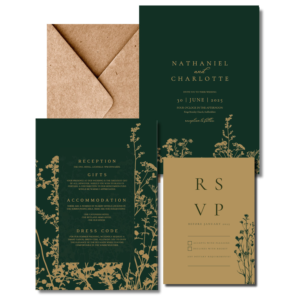 Emerald Green & Gold Floral Invite & RSVP