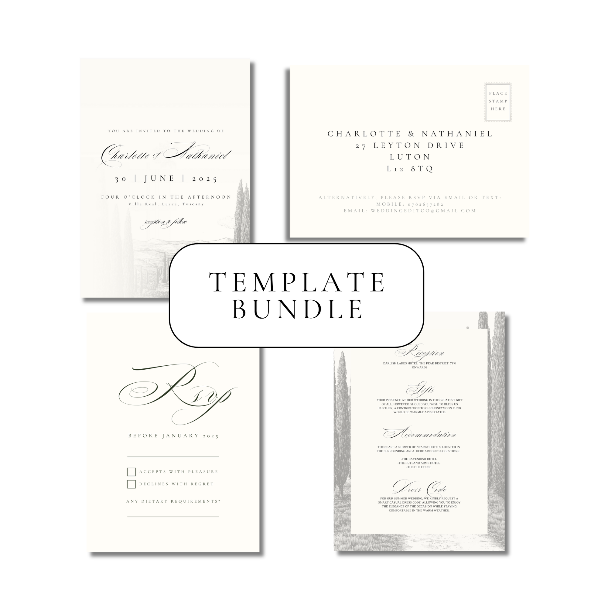 Monochrome Tuscany Invitation Suite Digital Templates