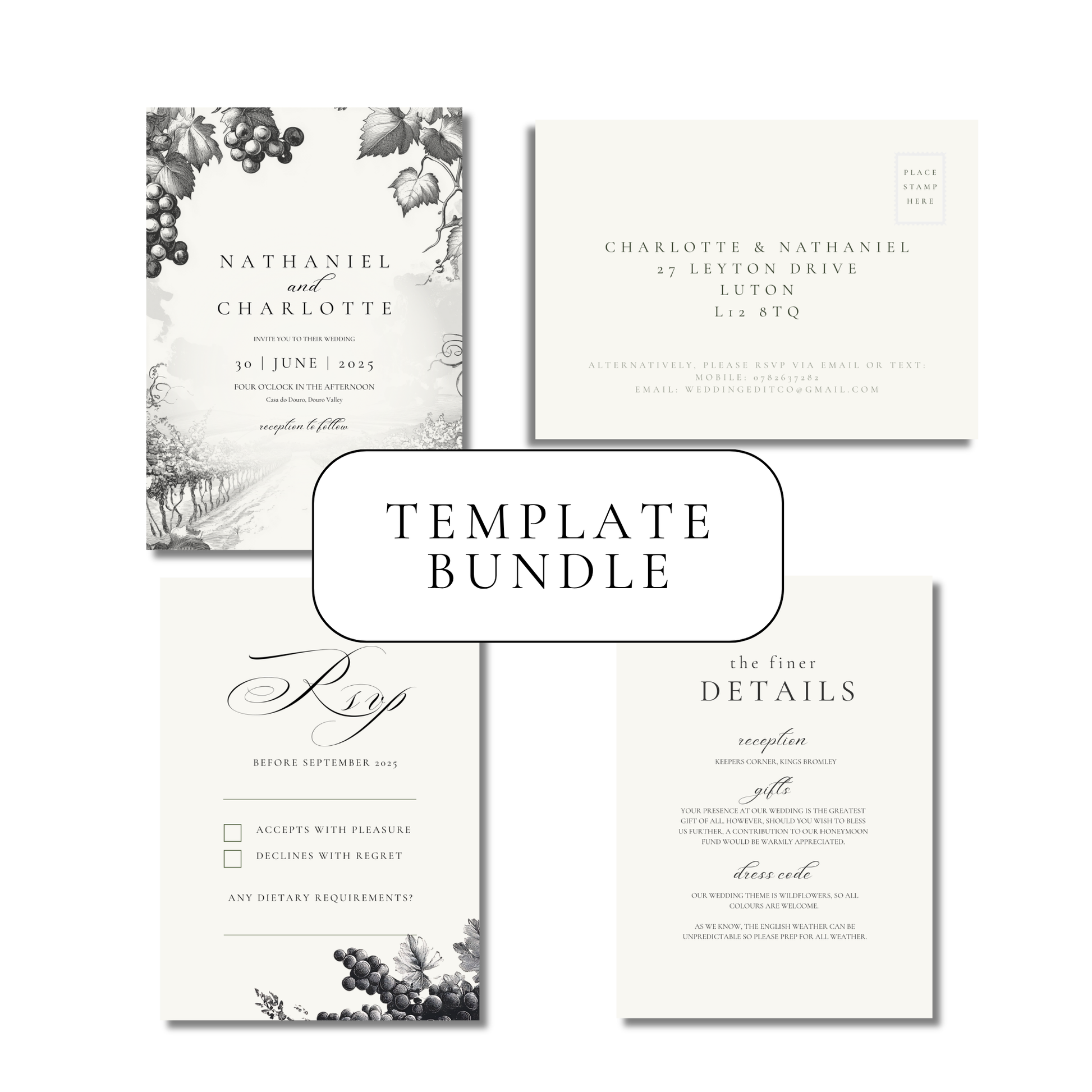 Monochrome Vineyard Invitation Suite Digital Templates
