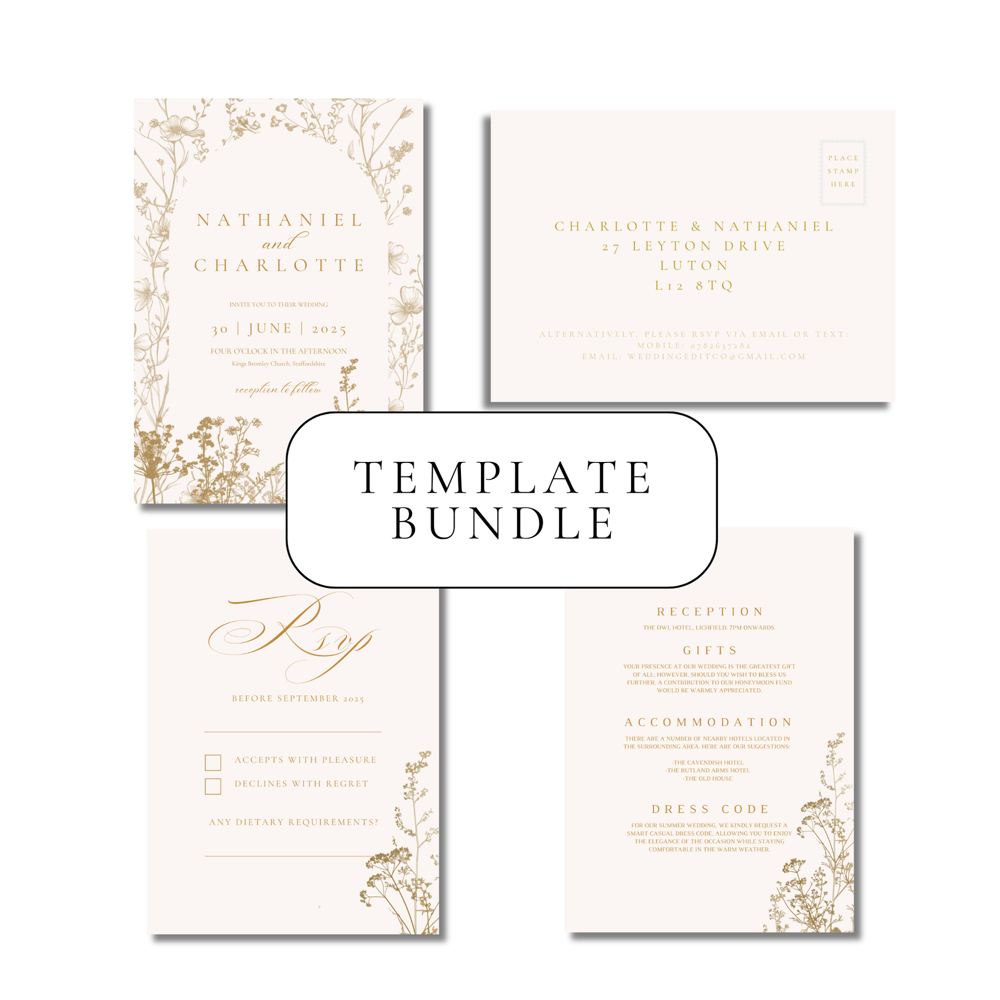 Cream & Gold Dried Flowers Invitation Suite Digital Templates