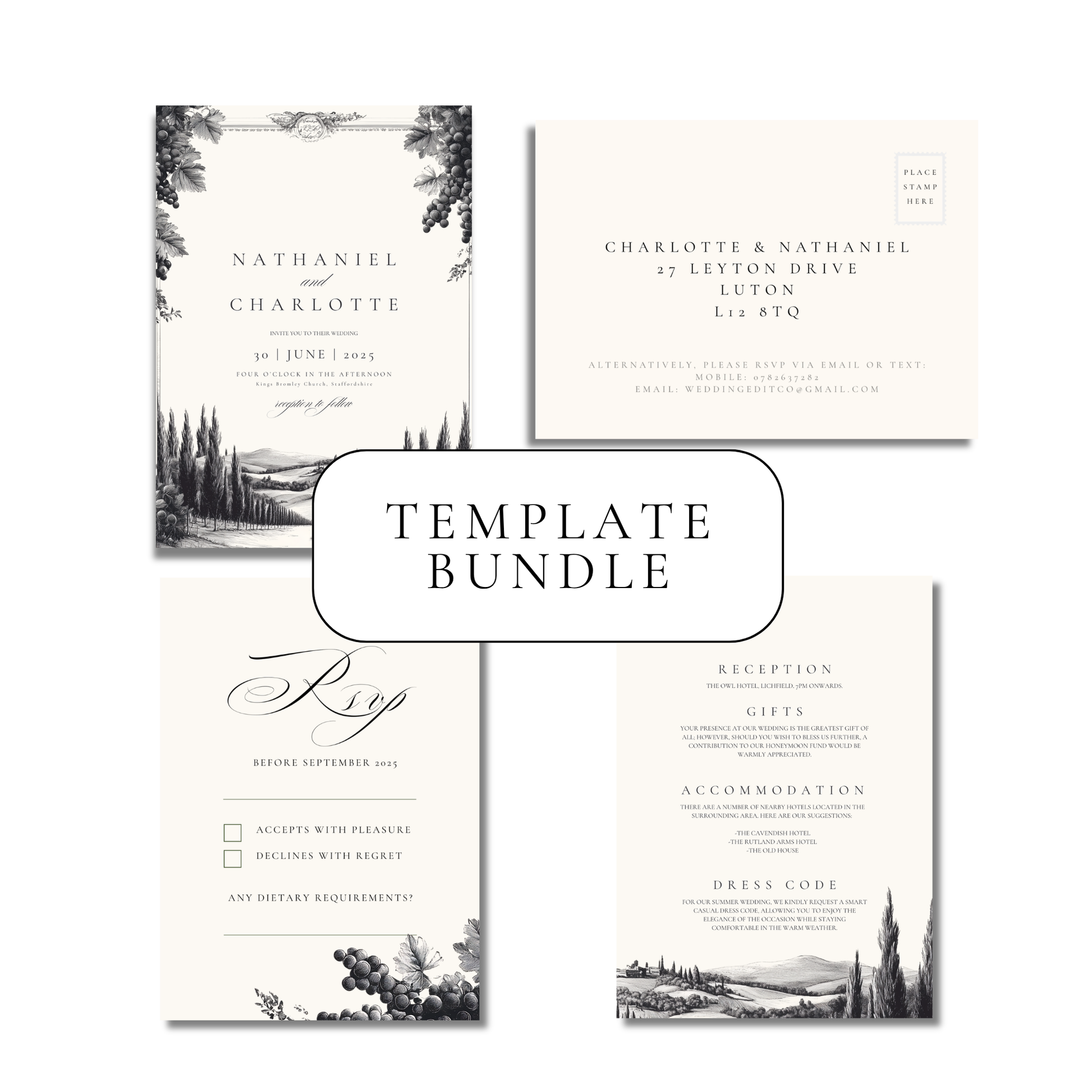 Vineyard Etching Invitation Suite Digital Templates