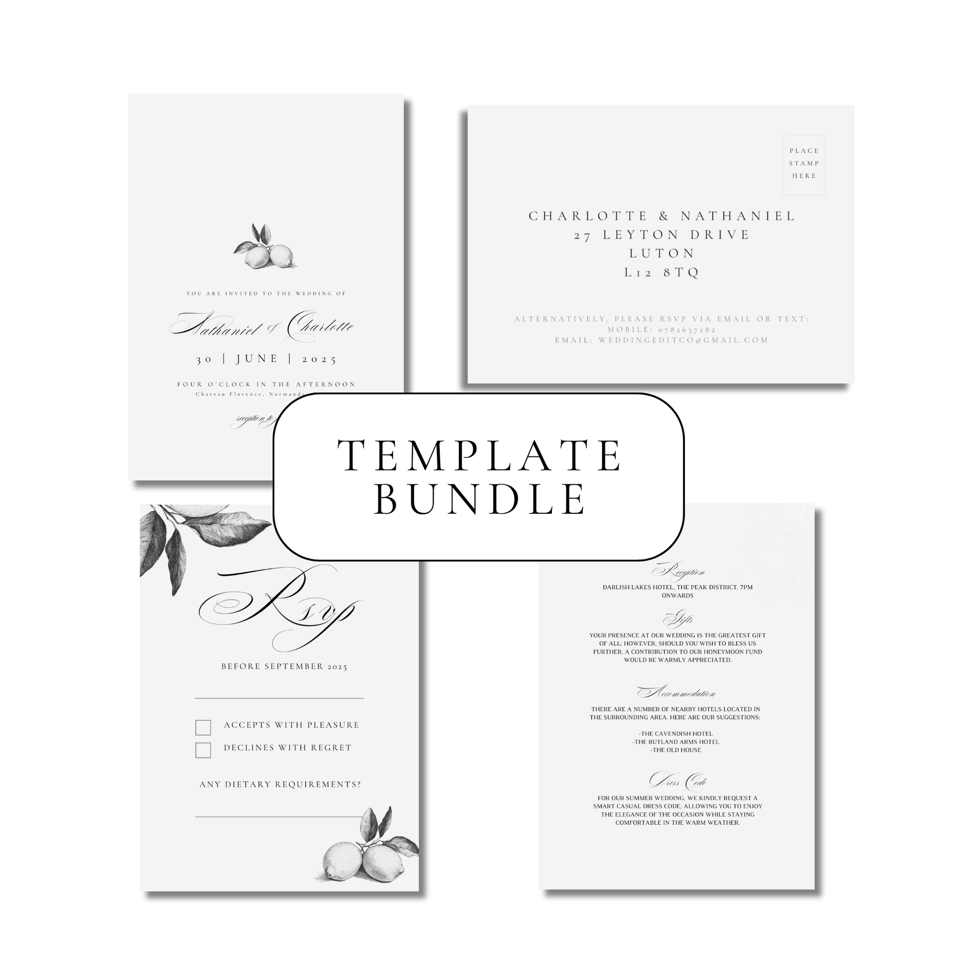 Monochrome Lemons Invitation Suite Digital Templates