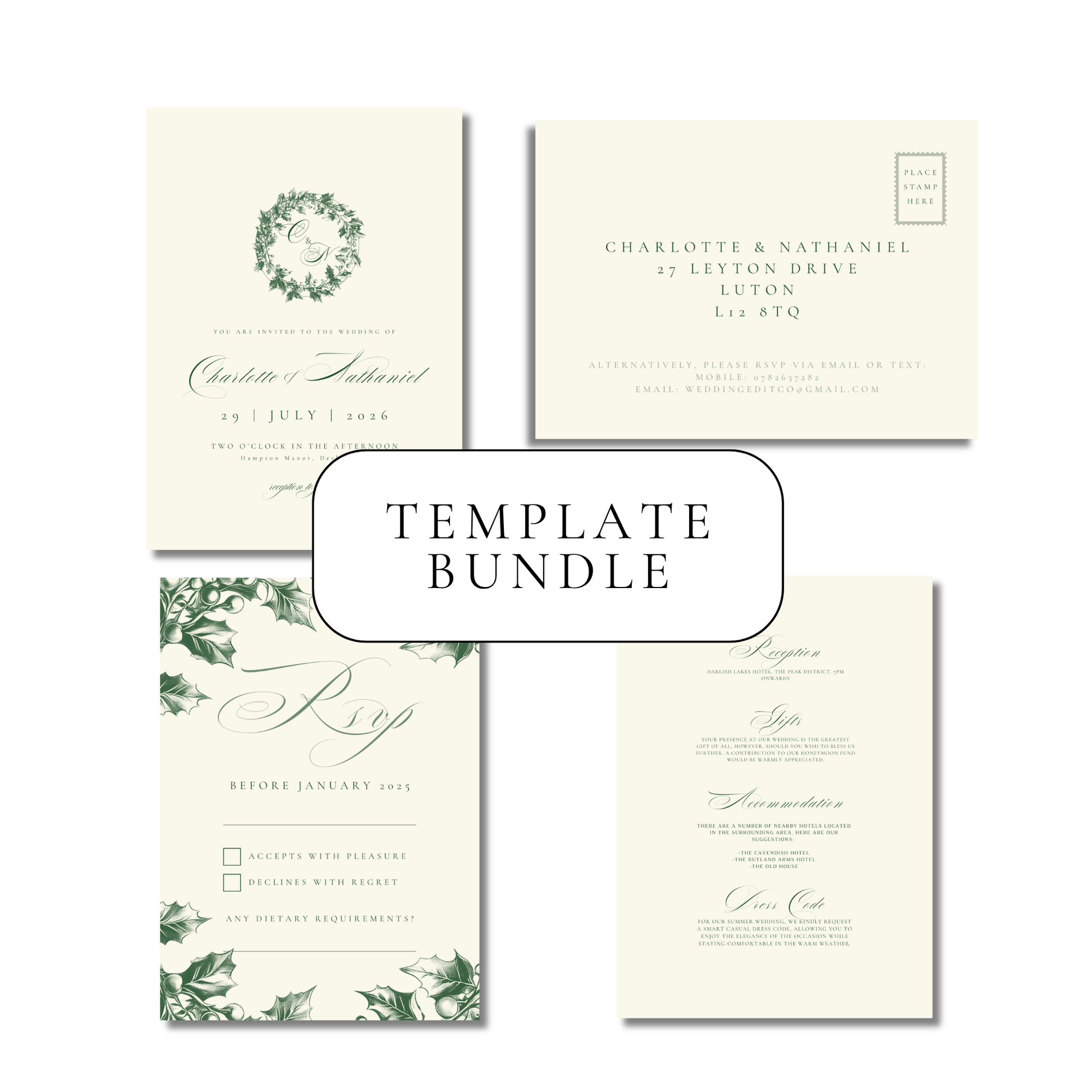 Green & Cream Holly Invitation Suite Digital Templates