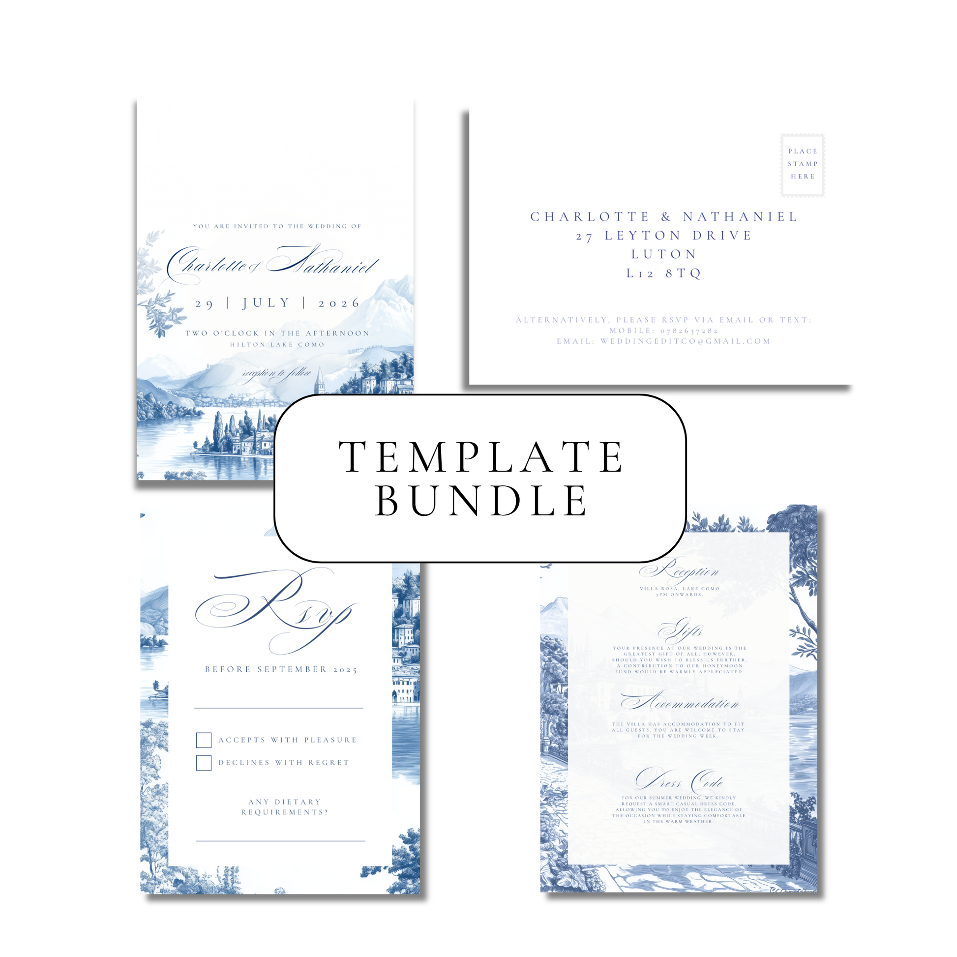 Blue & White Lake Como Invitation Suite Digital Templates