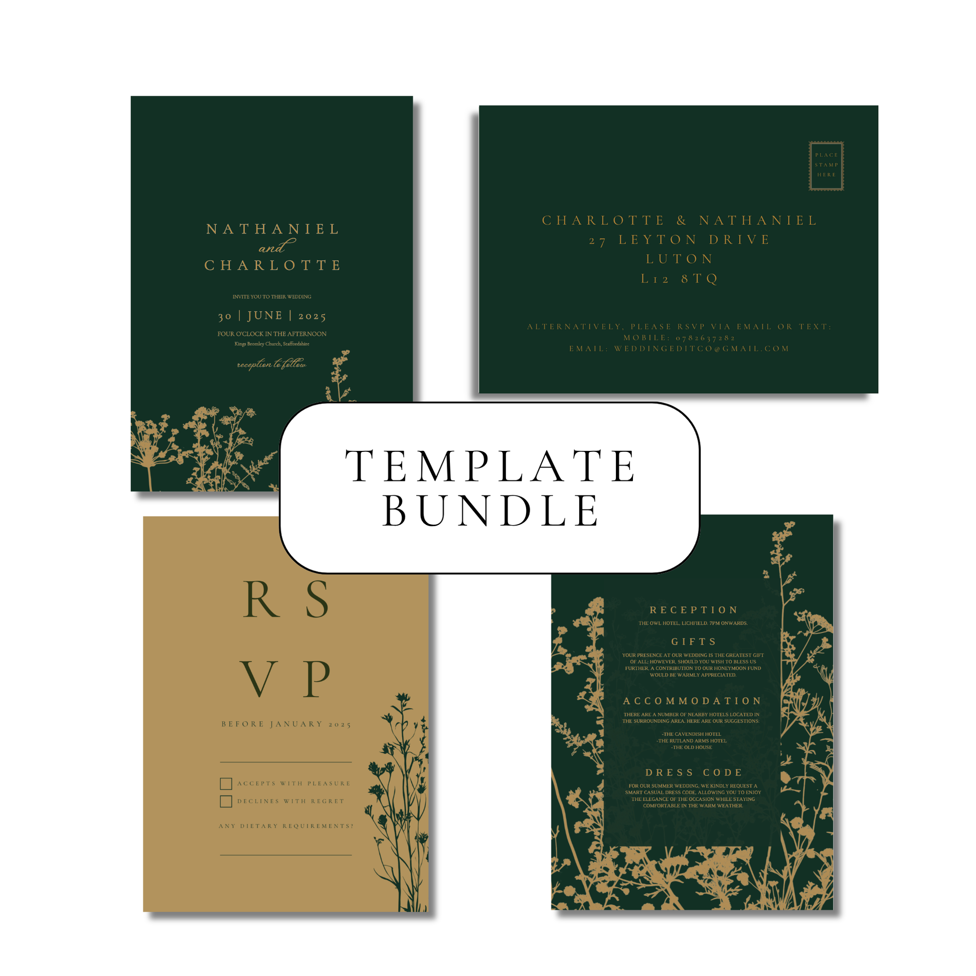 Emerald Green & Gold Floral Invitation Suite Digital Templates