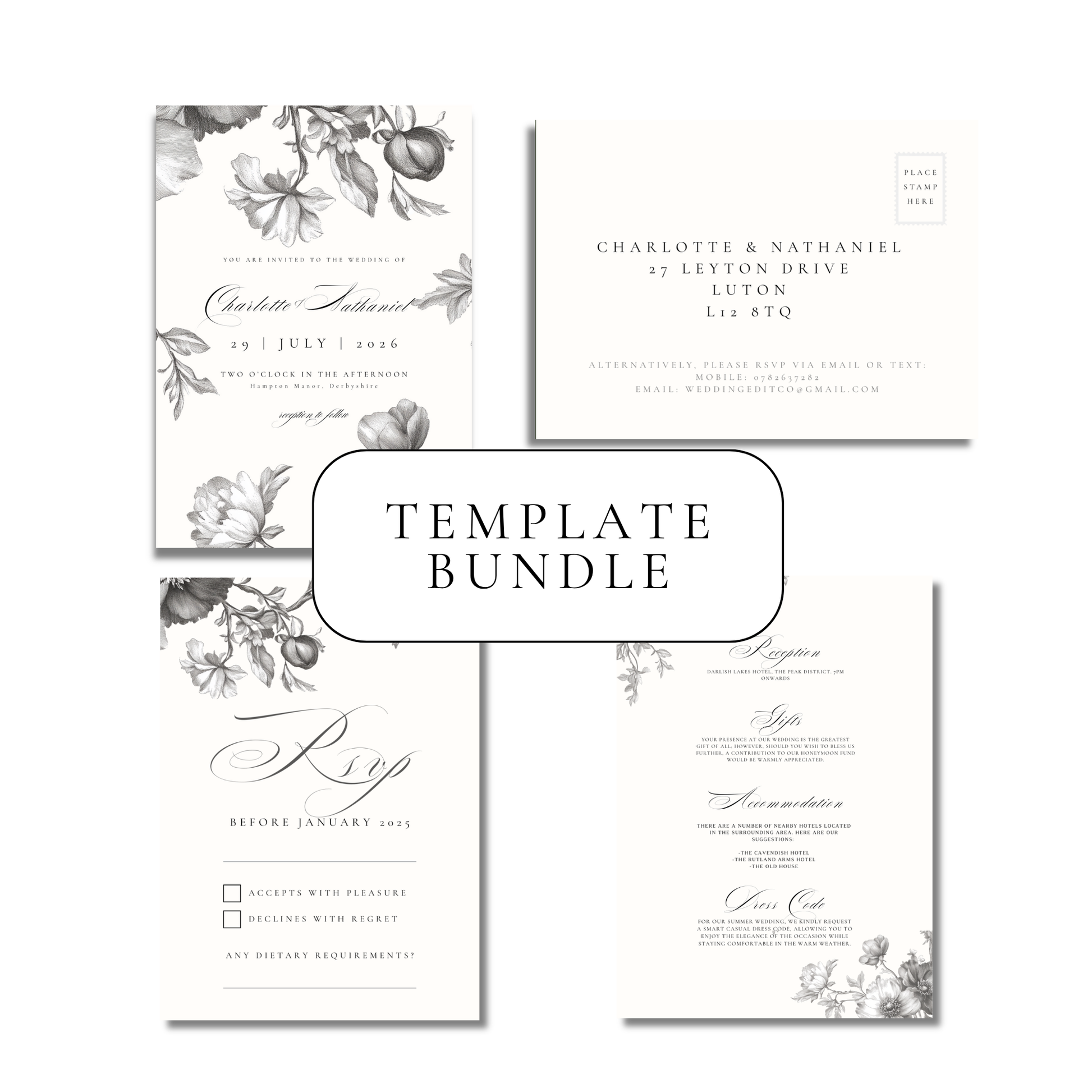Simple Monochrome Vintage Florals Invitation Suite Digital Templates