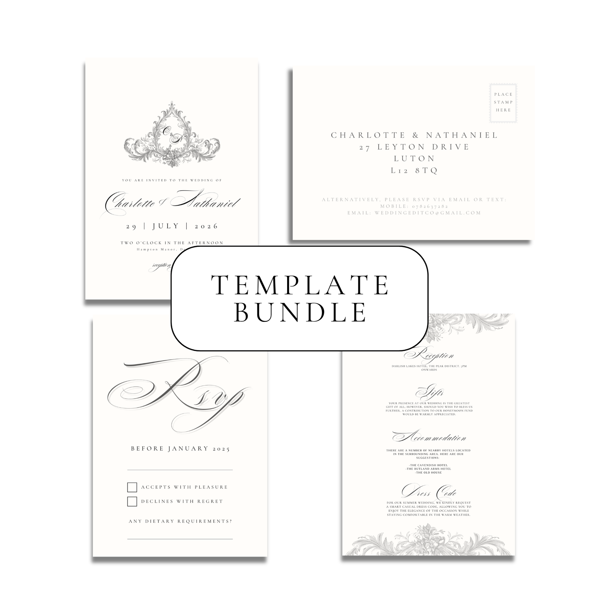 Simple Cream & Black Monogram Invitation Suite Digital Templates