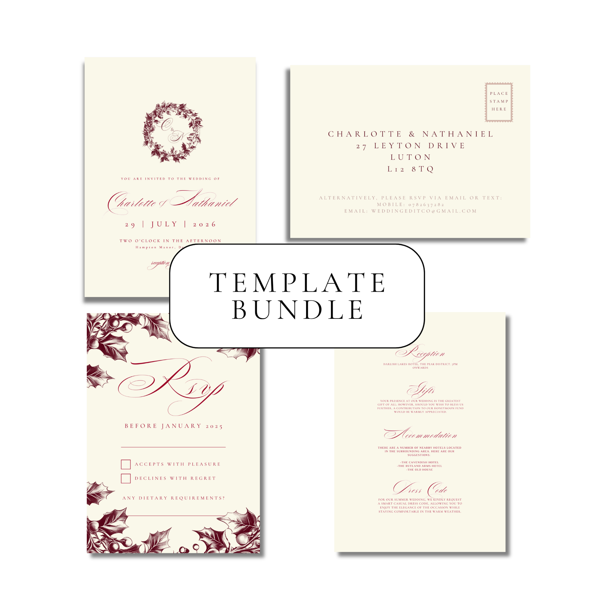 Red & Cream Holly Invitation Suite Digital Templates