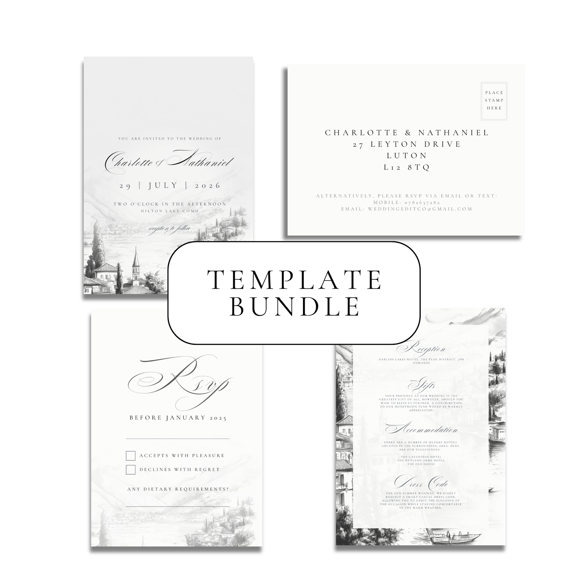 Monochrome Lake Como Invitation Suite Digital Templates