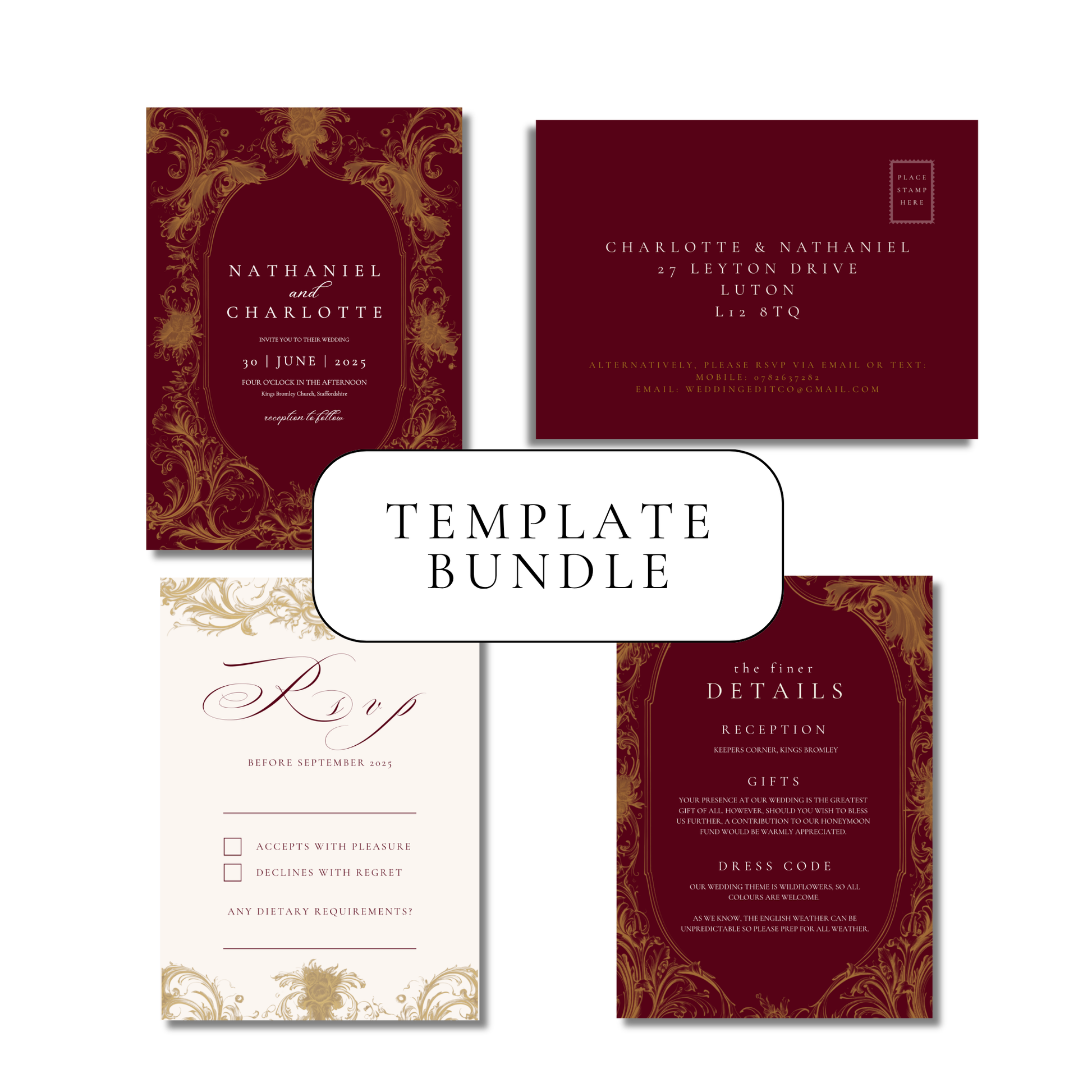 Red & Gold Rococo Invitation Suite Digital Templates