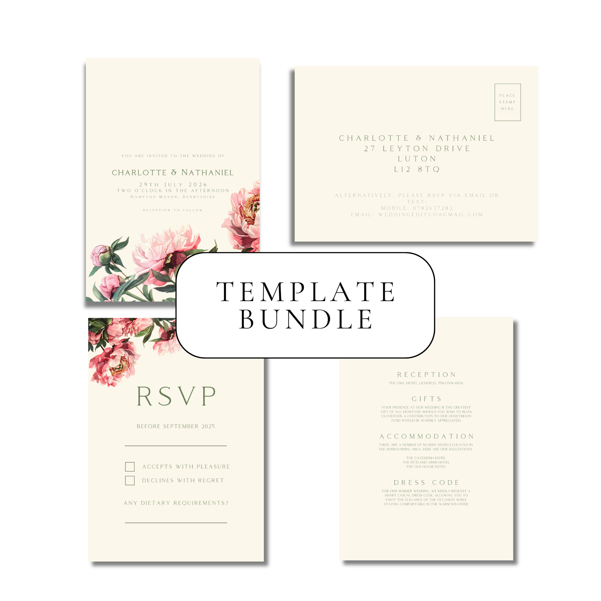 Pink Peony Invitation Suite Digital Templates