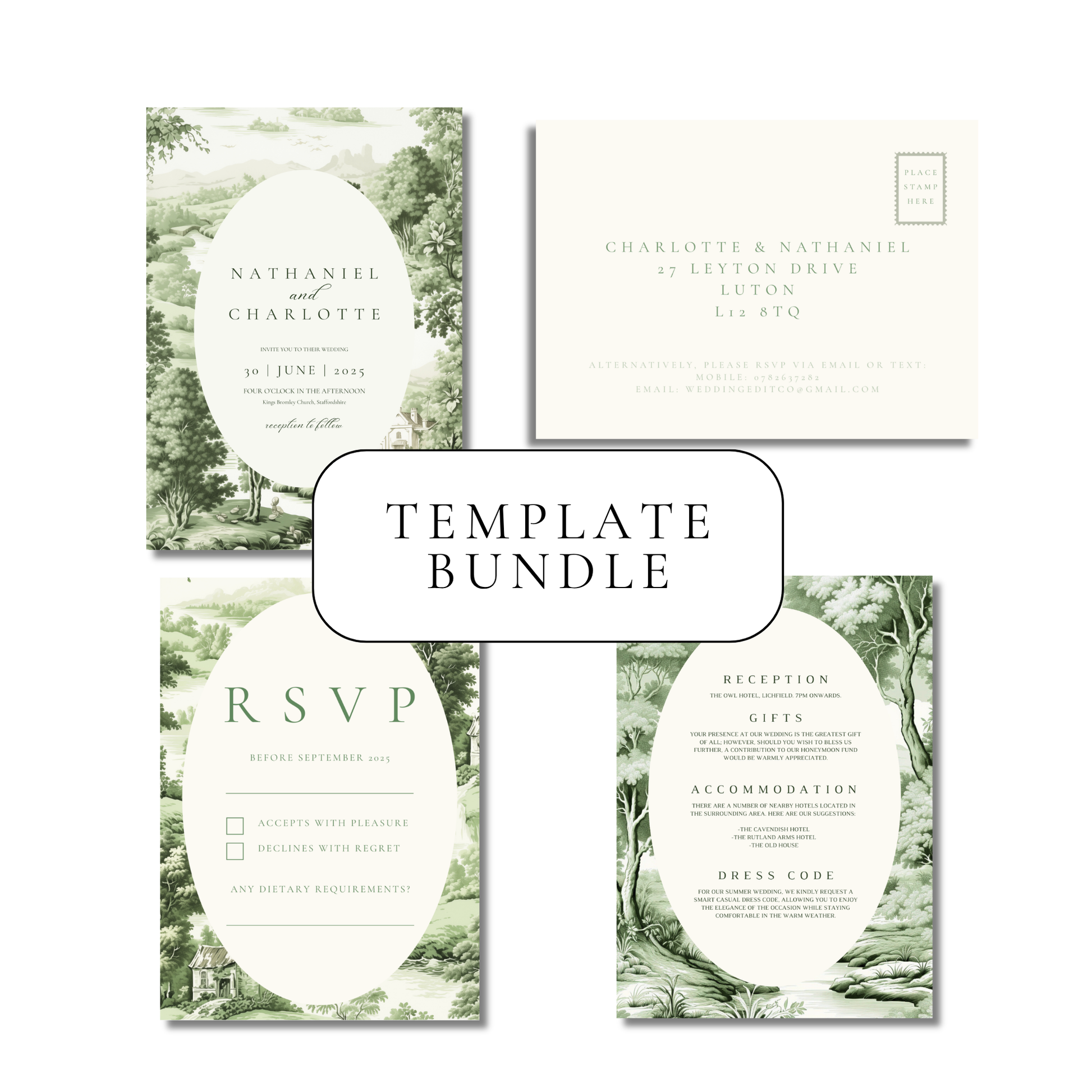 Green Toile Invitation Suite Digital Templates