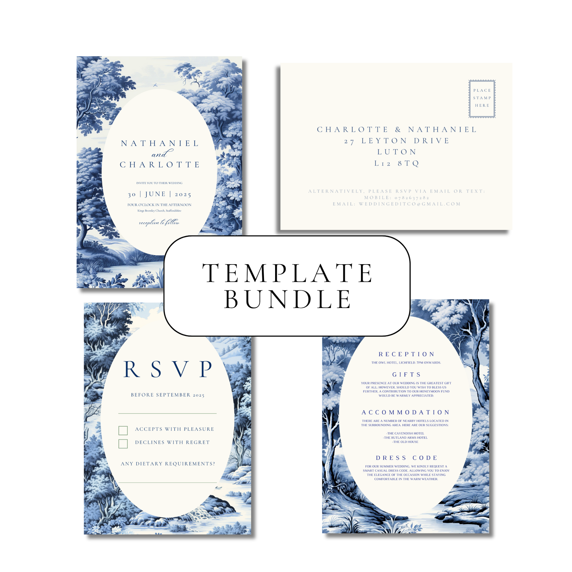 Blue Toile Invitation Suite Digital Templates