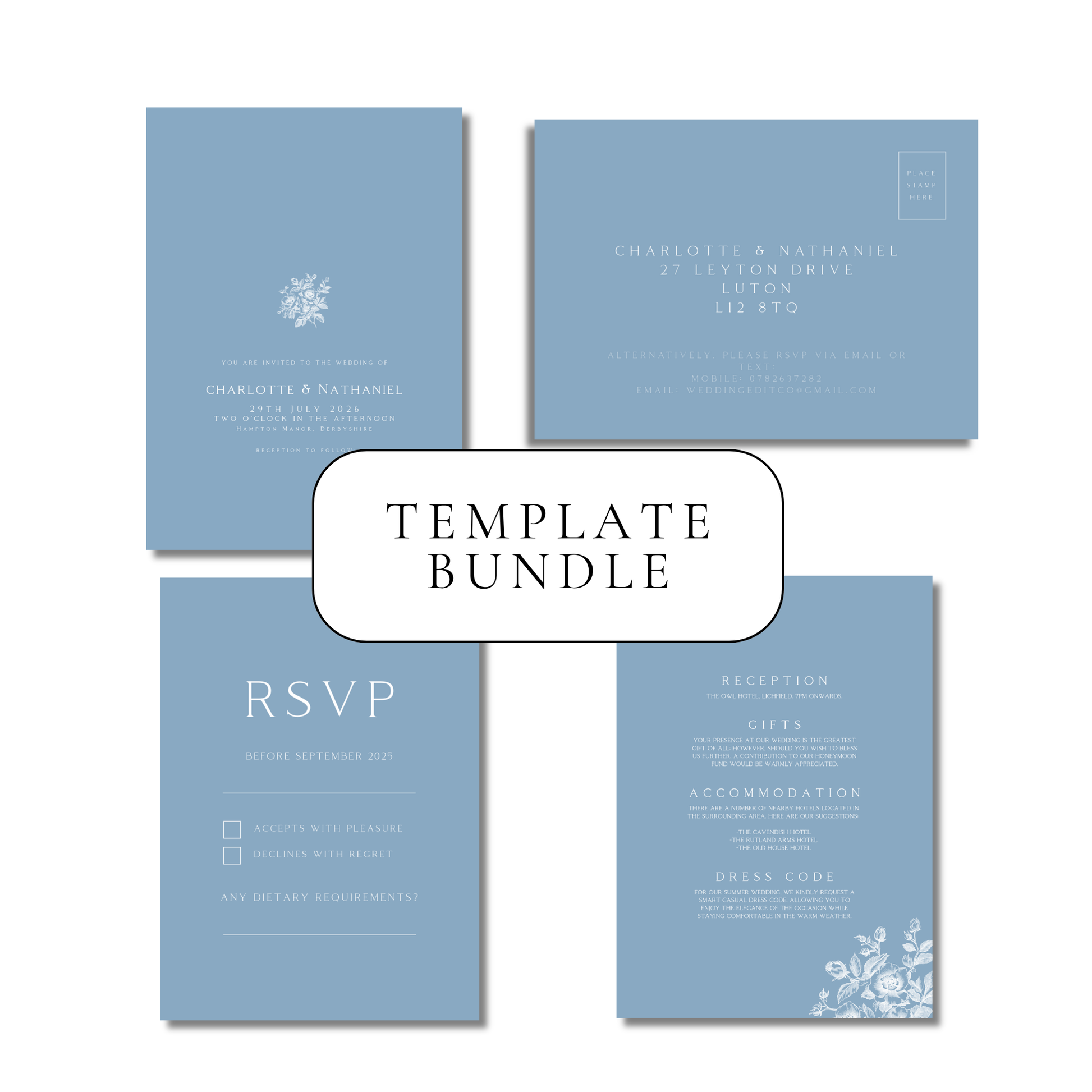 Rose Etching Invitation Suite Digital Templates (Dusty Blue)