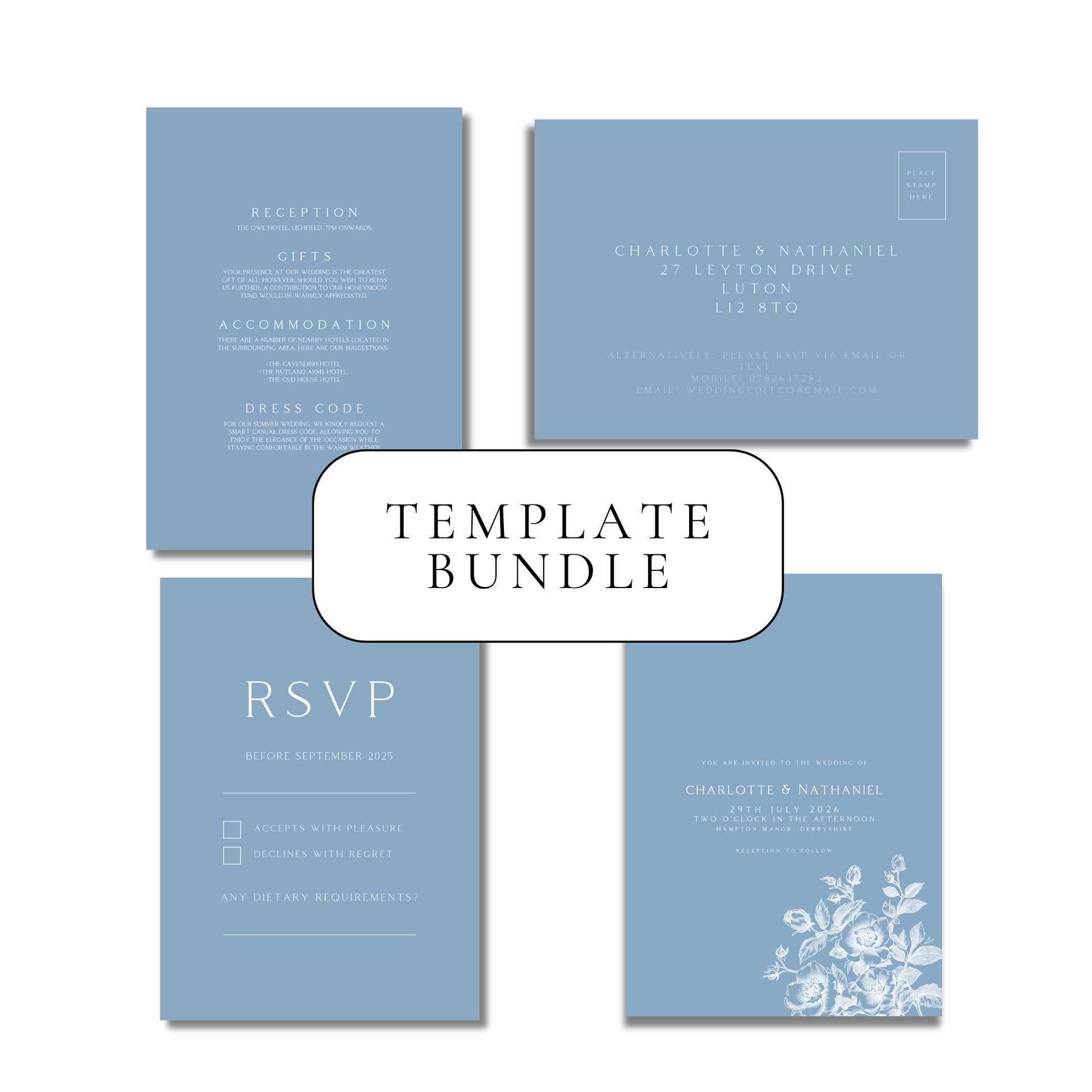Large Rose Etching Invitation Suite Digital Templates (Dusty Blue)