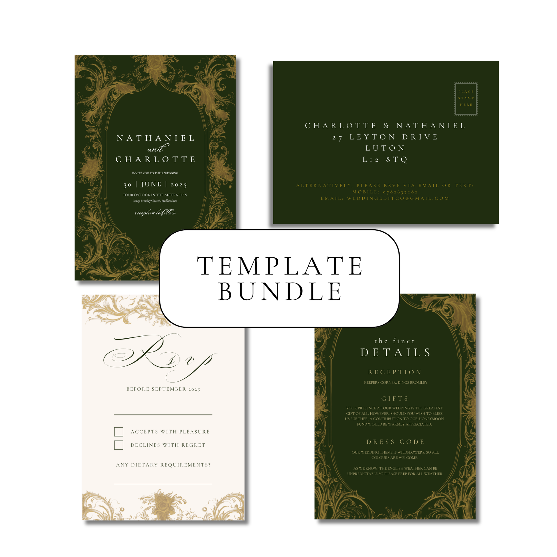 Green & Gold Rococo Invitation Suite Digital Templates