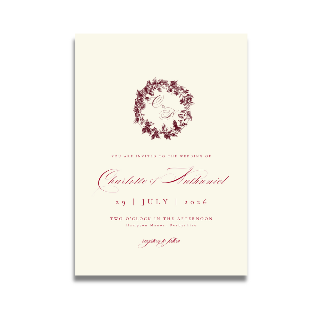 Red & Cream Holly Wreath Monogram Invite & RSVP