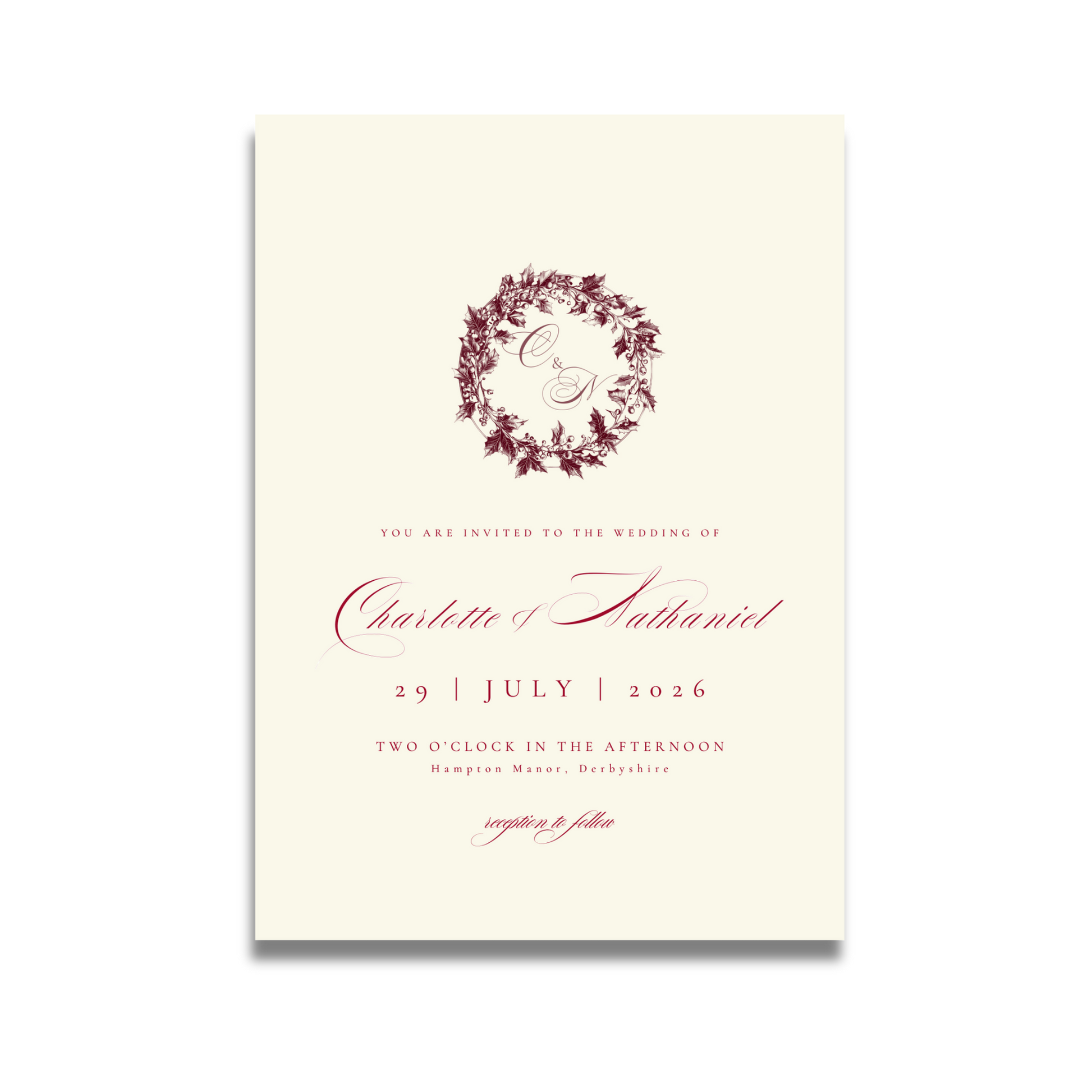 Red & Cream Holly Wreath Monogram Invite & RSVP
