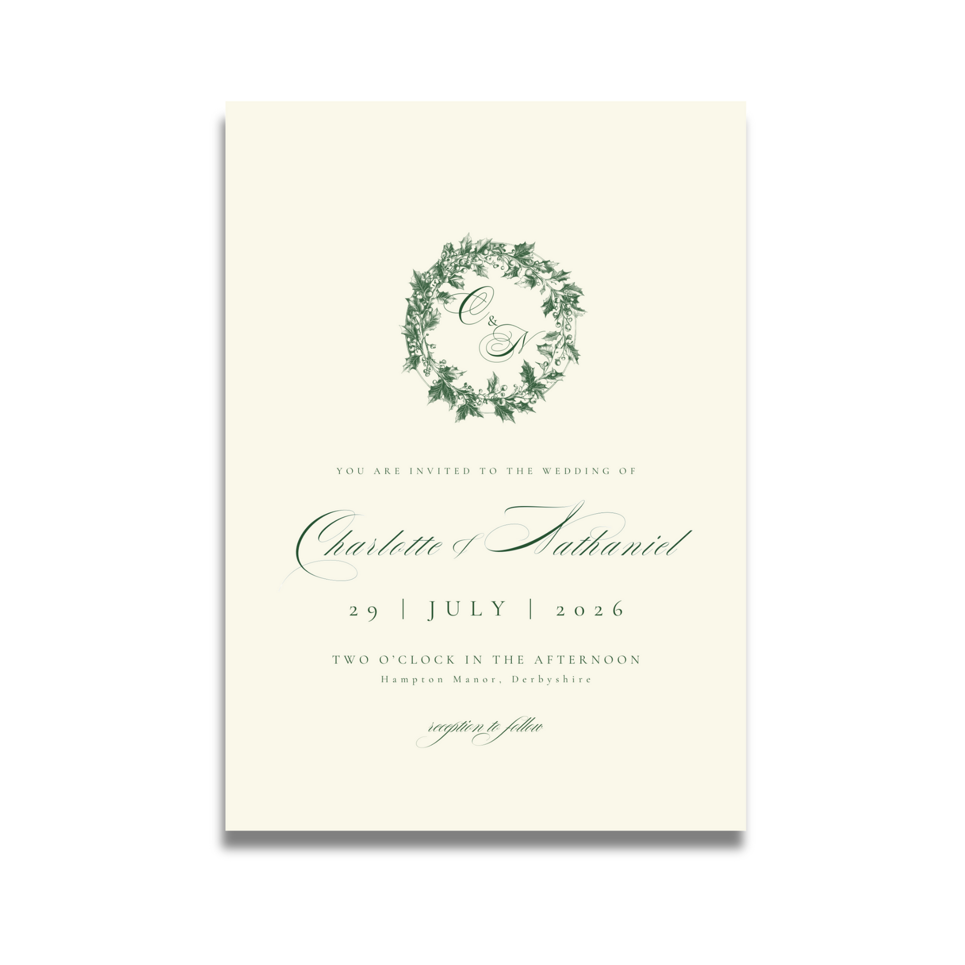 Green & Cream Holly Wreath Monogram Invite & RSVP
