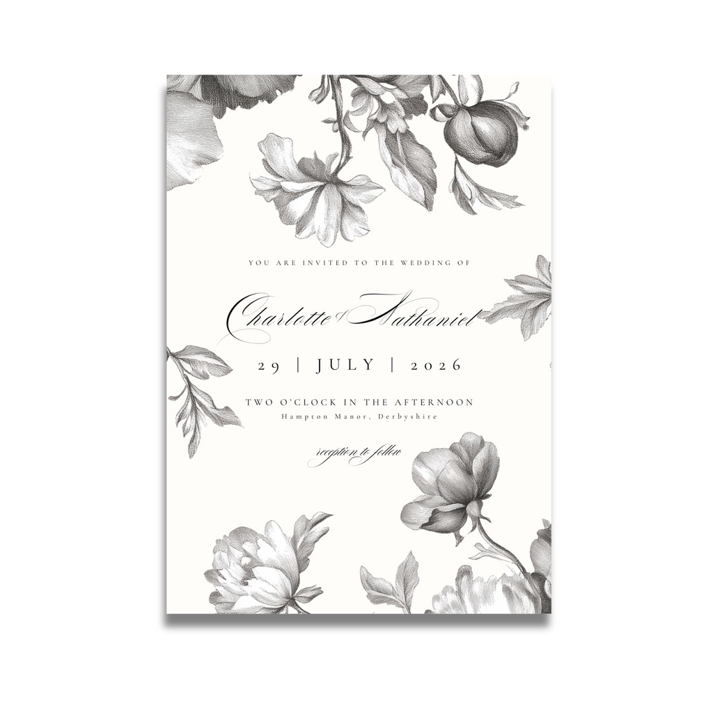 Simple Monochrome Vintage Florals Invite & RSVP