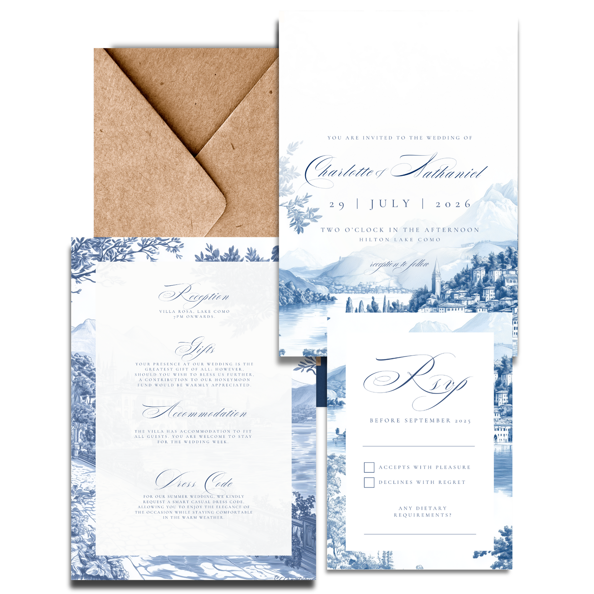 Blue & White Lake Como Invite & RSVP