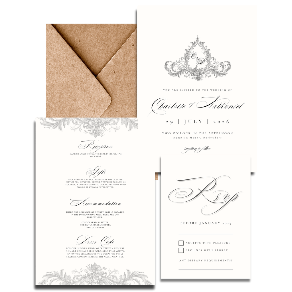 Simple Cream & Black Monogram Invite & RSVP